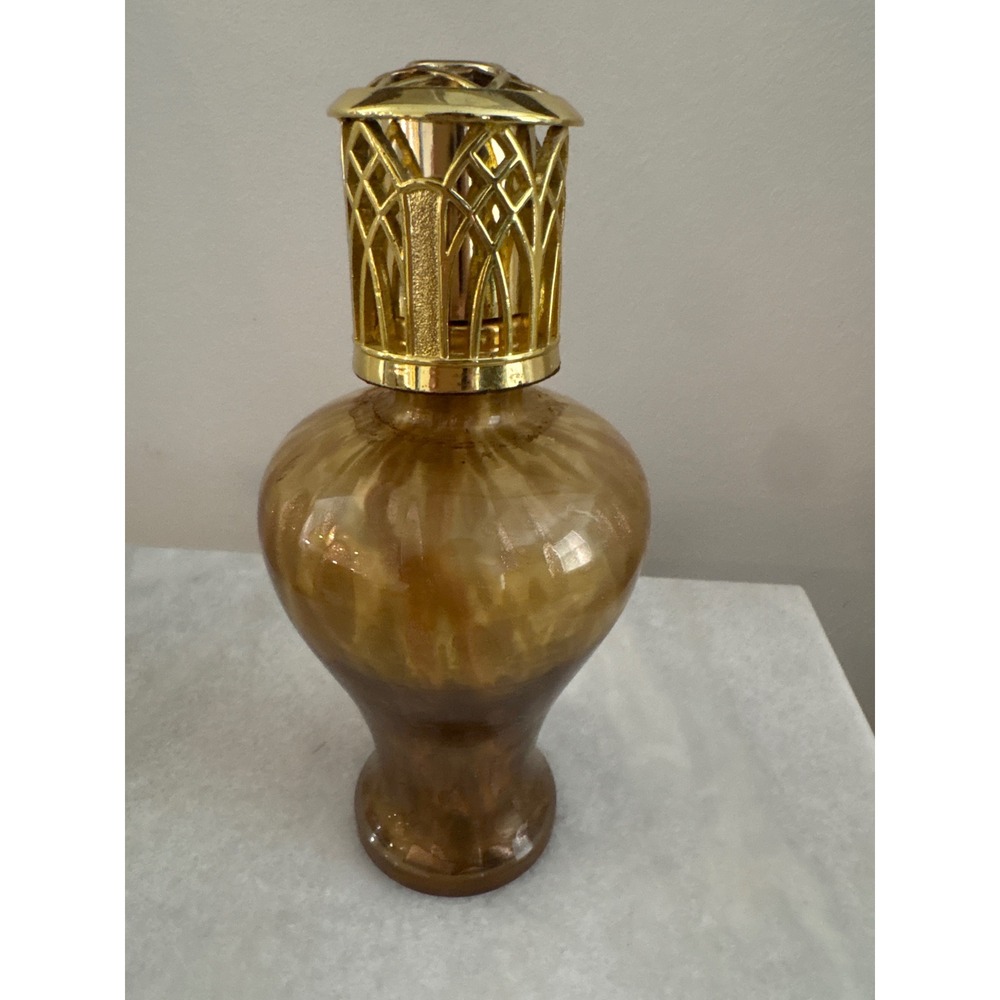 Vintage Amber Marbled Glass Catalytic Fragrance Lamp with Gold Tone Crown Cap